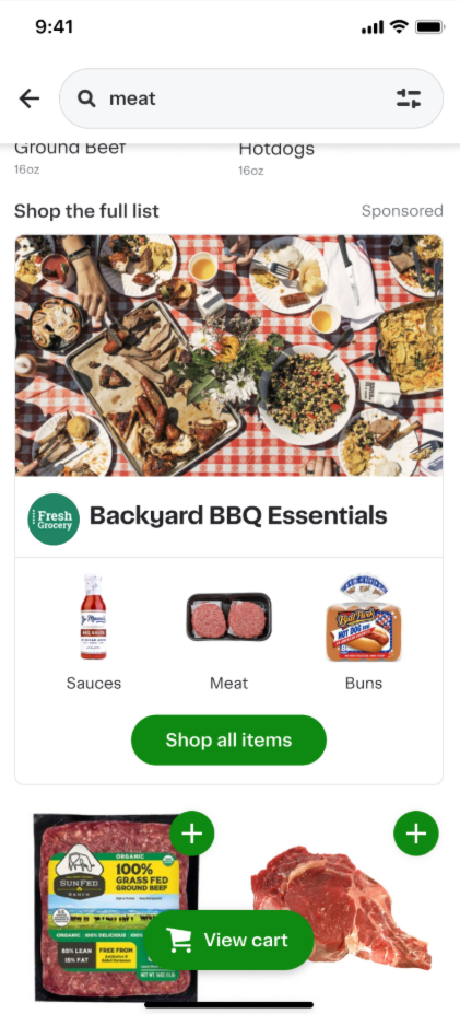 Shows a sponsored occasion ad for Backyard BBQ Essentials in search results for meat, with category tiles for Sauces, Meat, and Buns, and a Shop all items button.